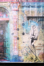 Load image into Gallery viewer, Detail of layers of collage- maps, dress patterns, tissue paper plus hand printed original photograph of Tony Wilson