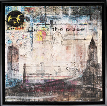 Load image into Gallery viewer, Manchester 'This is the place' original mixed media collage framed 56x56cms